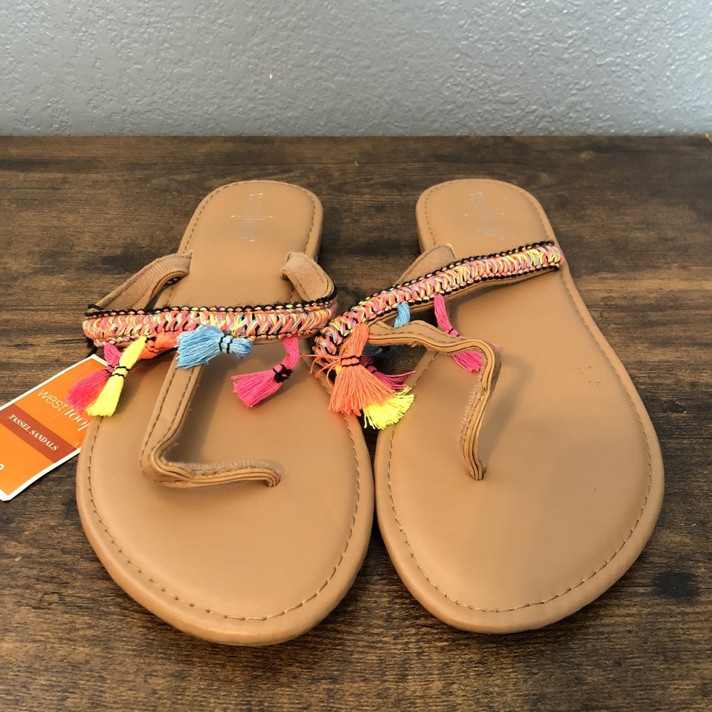 West Loop Womens Medium Size‎ 7/8  Tassal Sandals Colorful Boho Beach Flaw - Picture 7 of 12